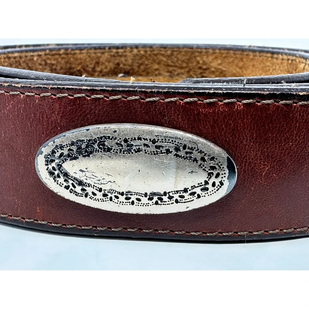 Brighton Vintage Brown Leather Western Concho Belt Silver Engraved Buckle Womens